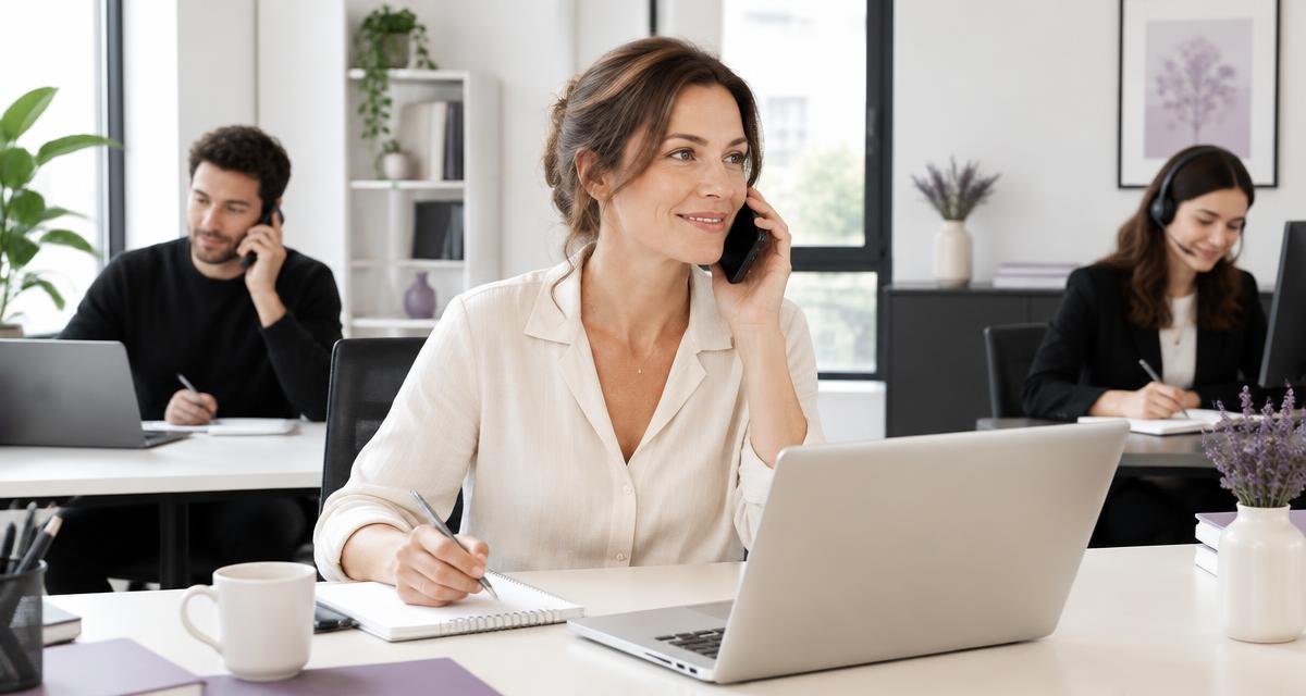 Dirigeante de PME accompagnée par son équipe dans un espace de travail moderne