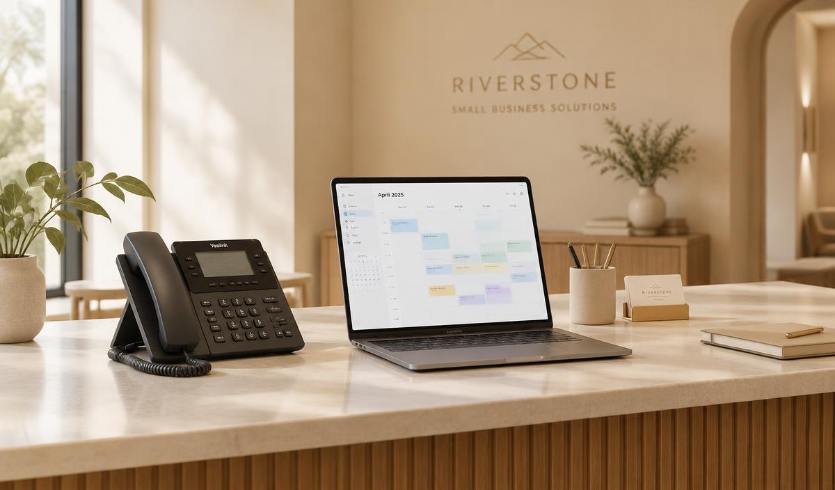 Accueil d'une PME avec téléphone et agenda sur ordinateur